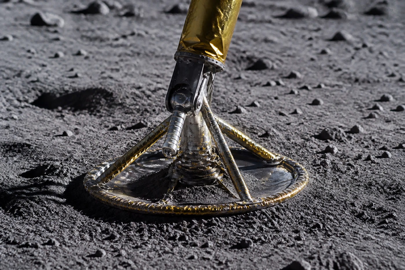 A stainless Starship on landing legs on a gray lunar plain, Earth a thin crescent in black sky.