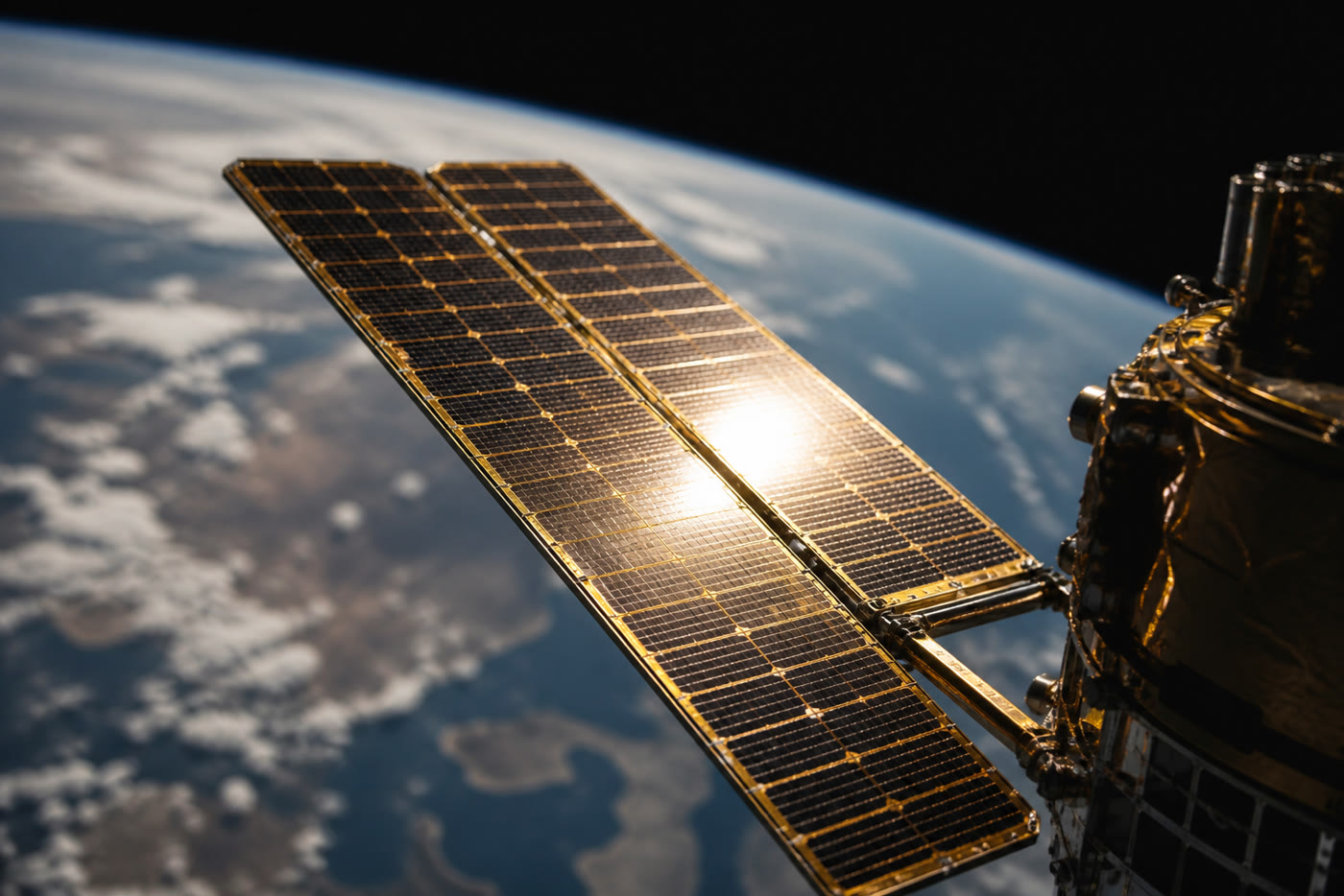 A constellation of solar-winged orbital compute racks above Earth’s limb.