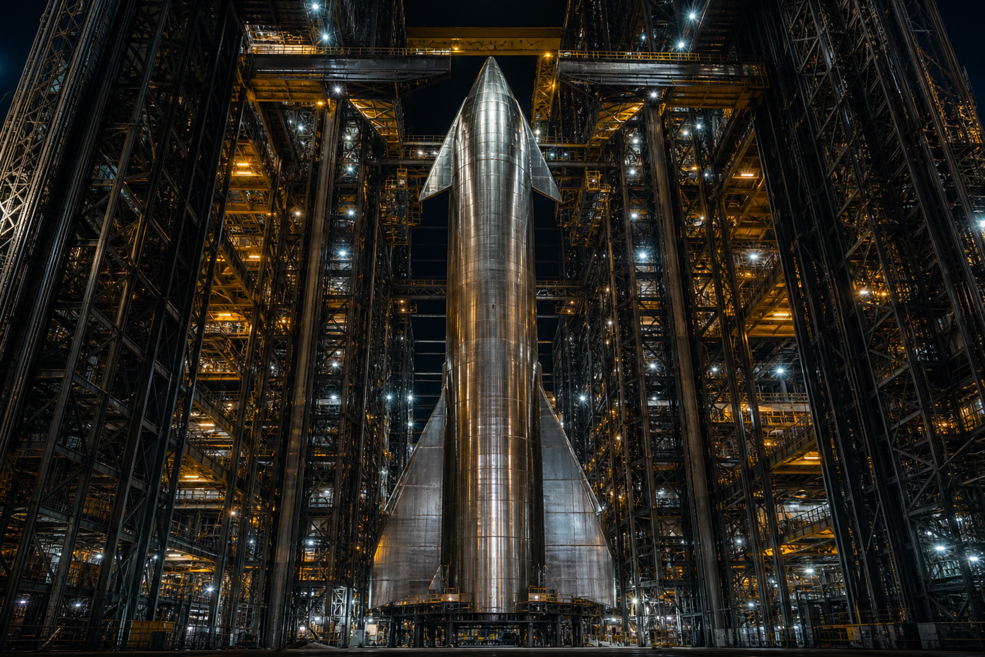 A finished Starship standing in a night integration hall, yellow work lights in the steel lattice.