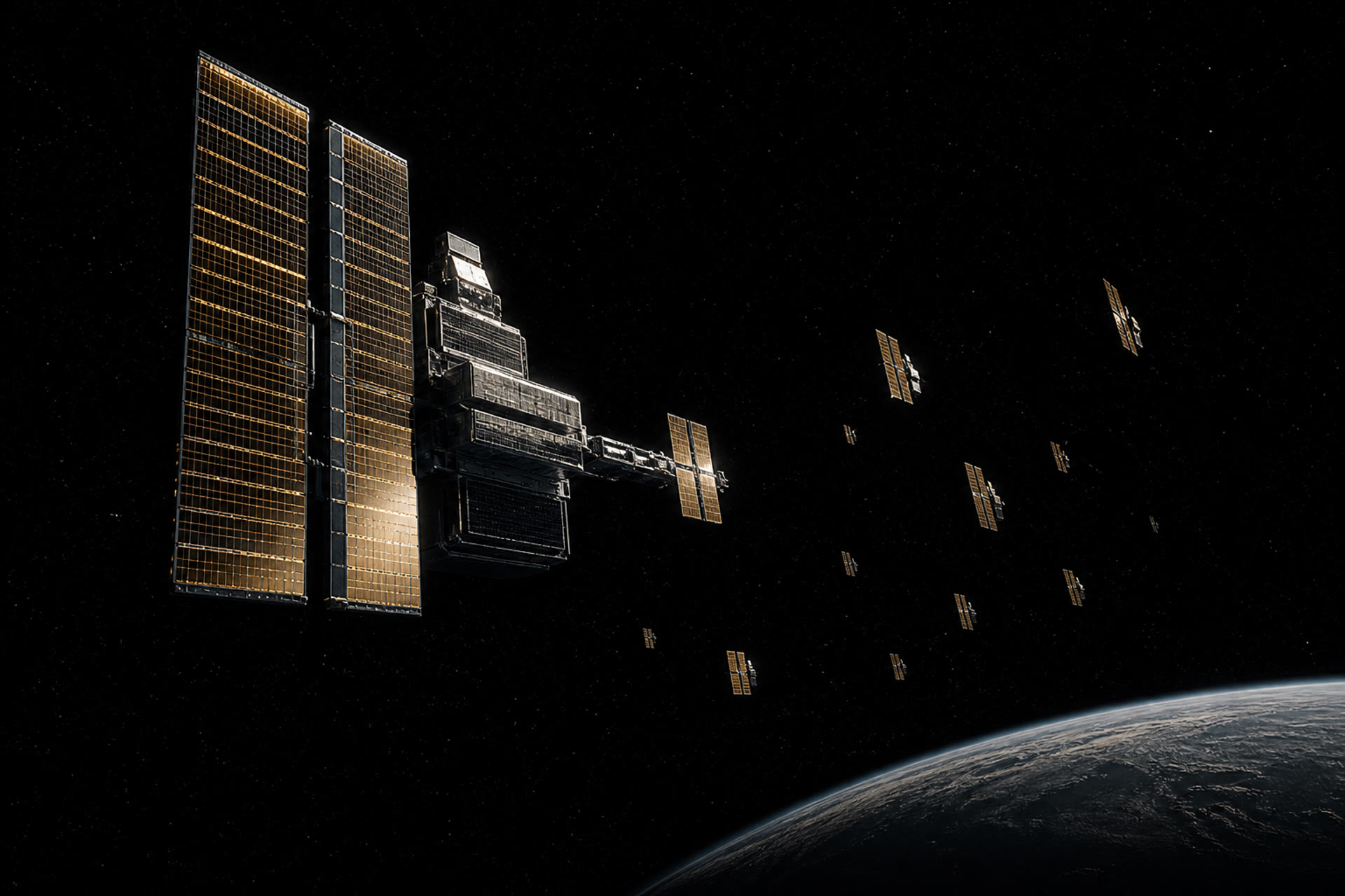 A constellation of solar-winged orbital compute racks above Earth’s limb.