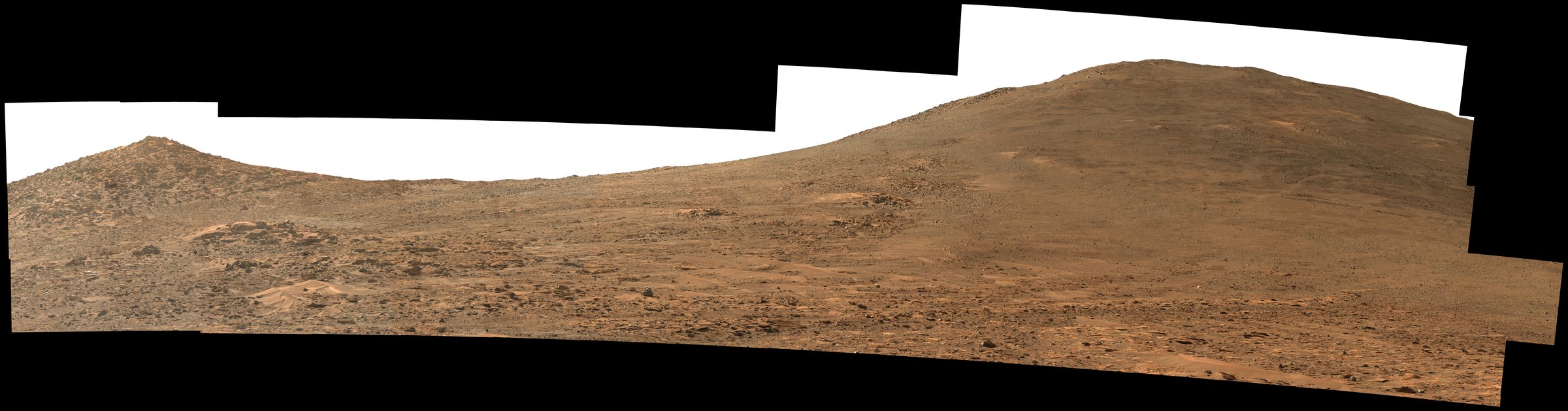 Mastcam-Z panorama looking south toward Jezero Crater’s rim during Perseverance’s climb, sol 1,229. NASA/JPL-Caltech/ASU/MSSS, PIA26373.