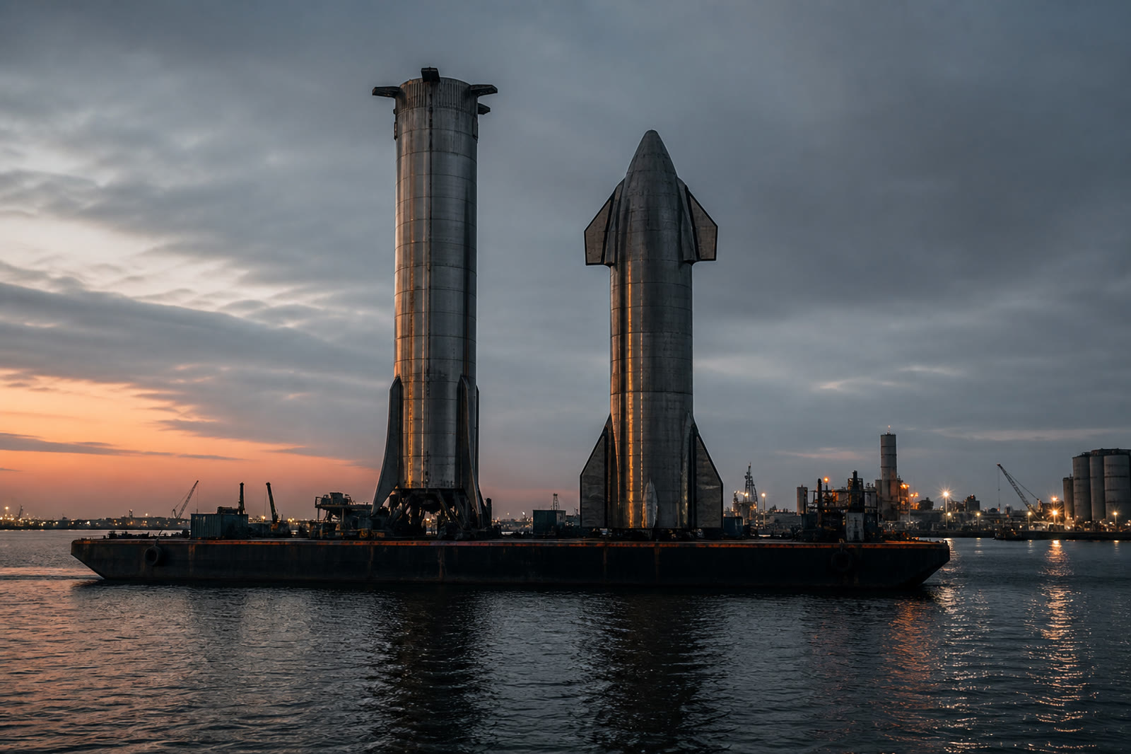 A Super Heavy and a Starship standing side by side on a barge at dusk.
