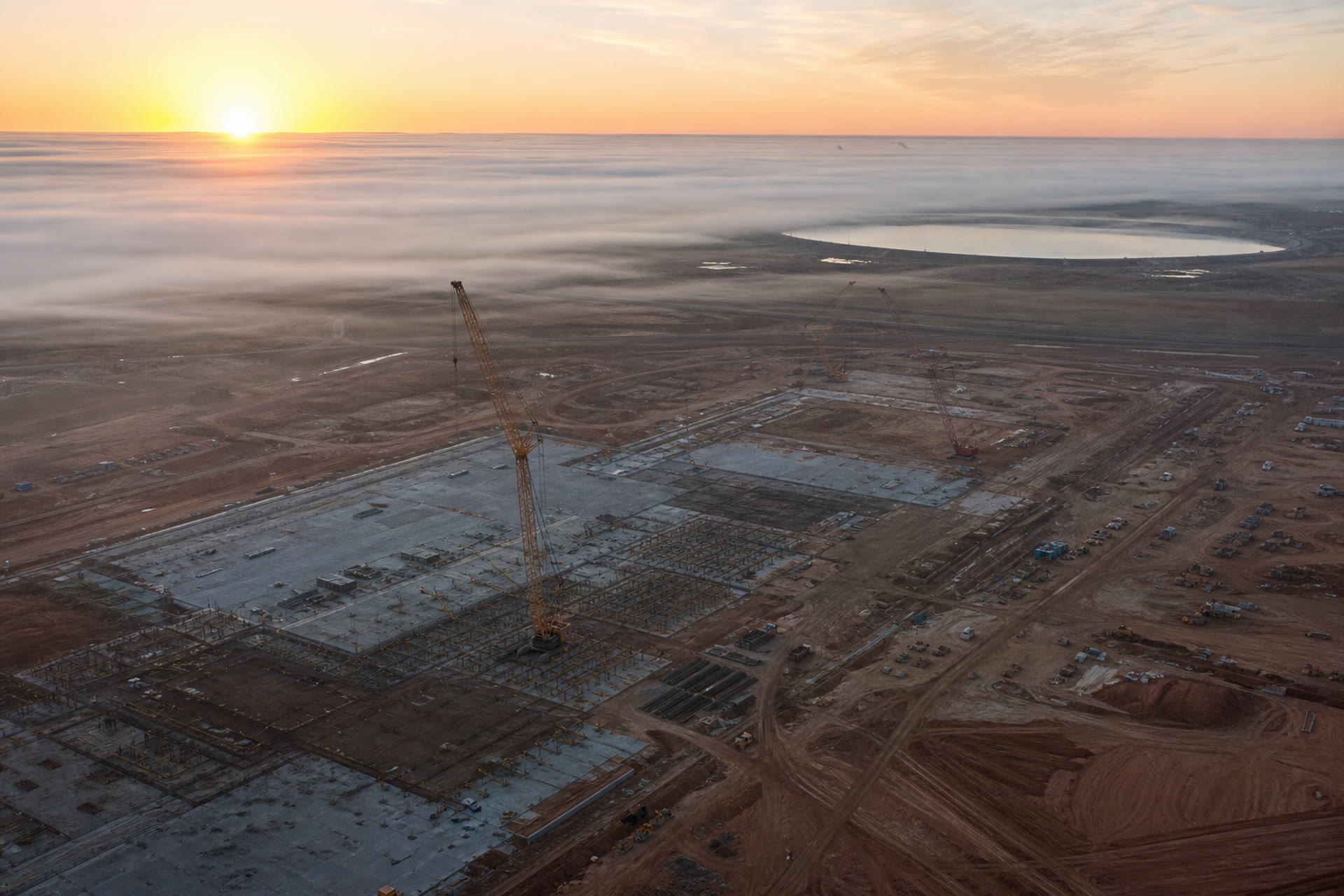 Aerial dawn over a Texas fab site: yellow cranes, slab foundations, and a reservoir in ground fog.